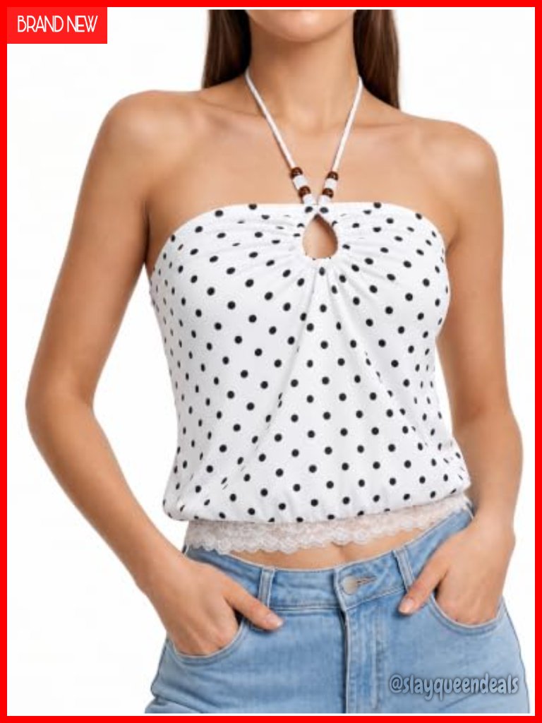 Y2k Polka Dot Halter Crop Top Tie Back Lace Hem Tank Top Sleeveless Beaded